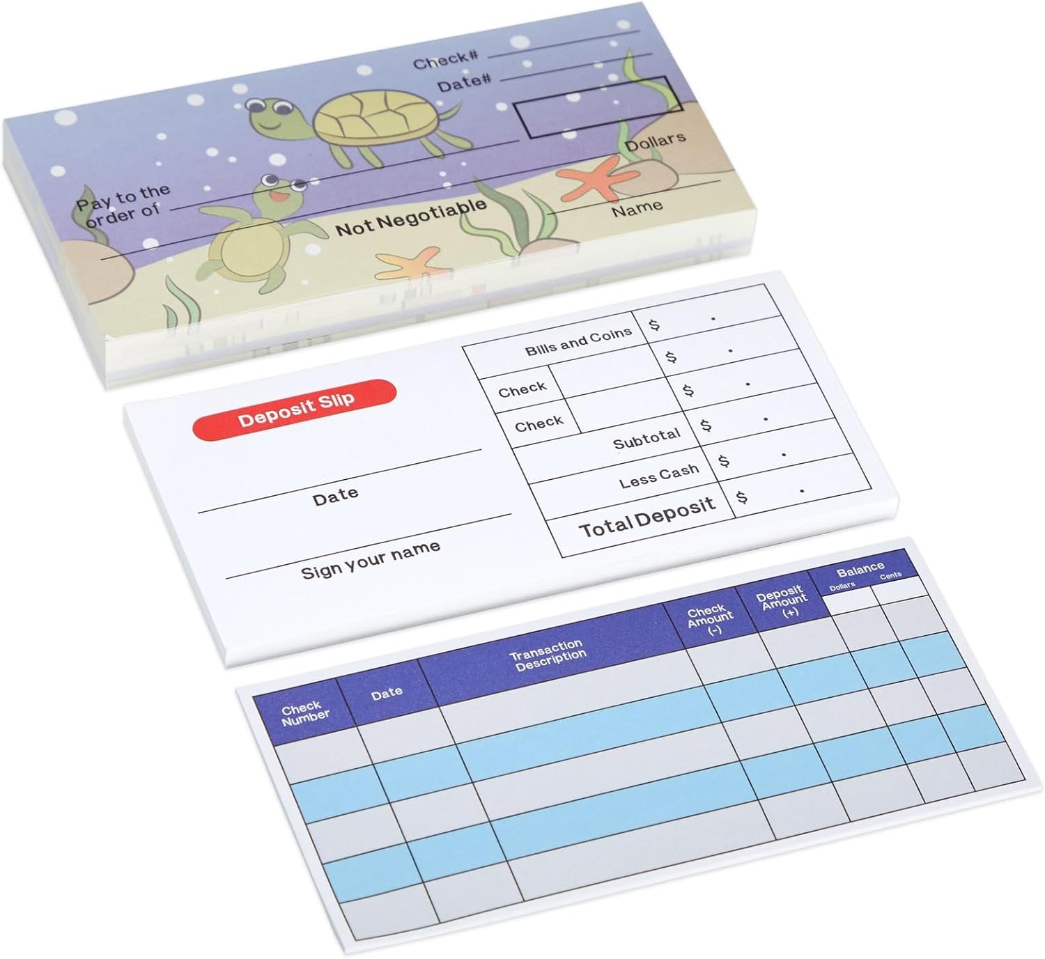 BLUE PANDA 150 hojas de chequera falsa para niños que aprenden con comprobación de depósito y registro de cheques para suministros escolares de