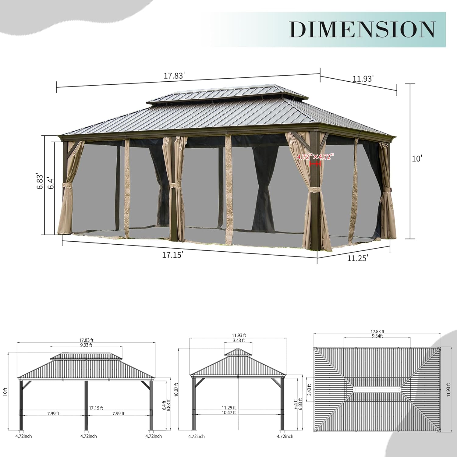 Domi Outdoor Living Gazebo de aluminio para exteriores de 12 x 18 pies con techo doble de acero galvanizado para césped y jardín, con cortinas y red
