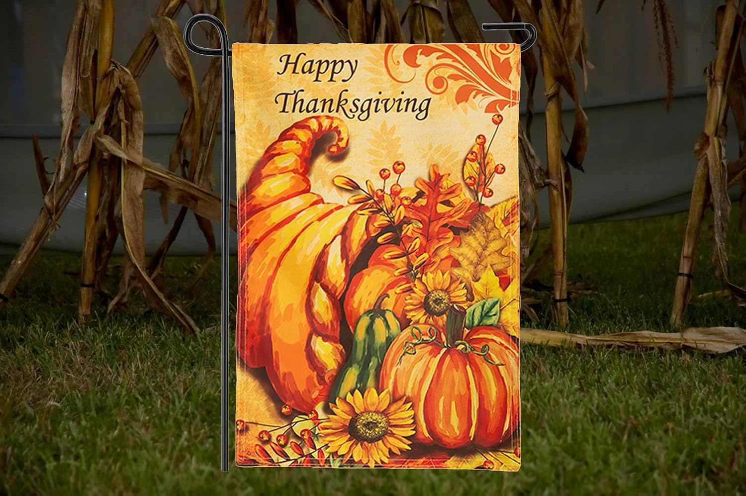 Bandera de jardín de temporada de doble cara de 12 x 18 pulgadas con texto en inglés Happy Thanksgiving para el hogar, decoración de porche de