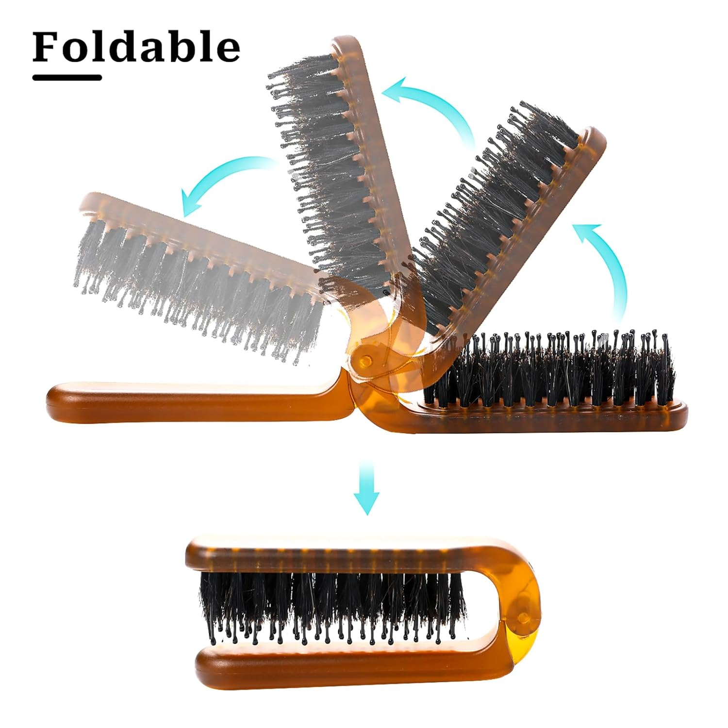 Paquete de 2 cepillos plegables para el cabello, cepillo de tamaño de viaje con cerdas naturales de jabalí y pasadores de nailon, cepillo pequeño