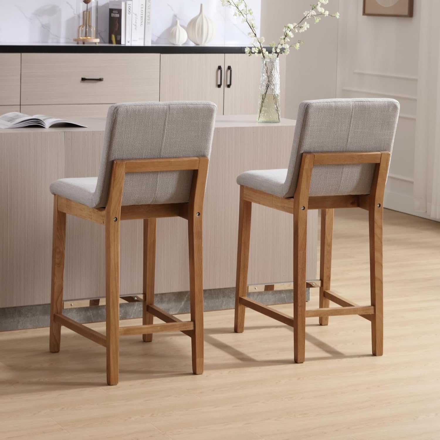 DM Furniture Taburete de mostrador para isla de cocina, juego de 2 taburetes de bar tapizados de tela de lino con respaldo de 26 pulgadas, taburetes