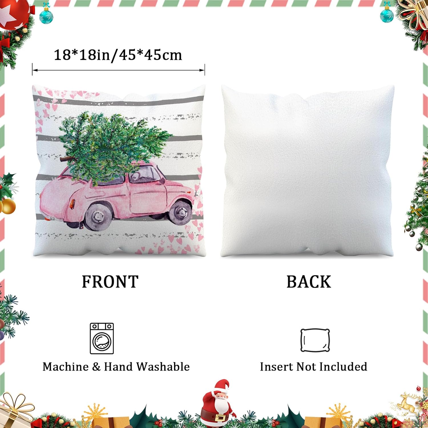 APROPHIC Juego de 4 fundas de almohada rosas de Navidad de 18 x 18 pulgadas, decoración de vacaciones de granja a rayas con árboles alegres y renos,