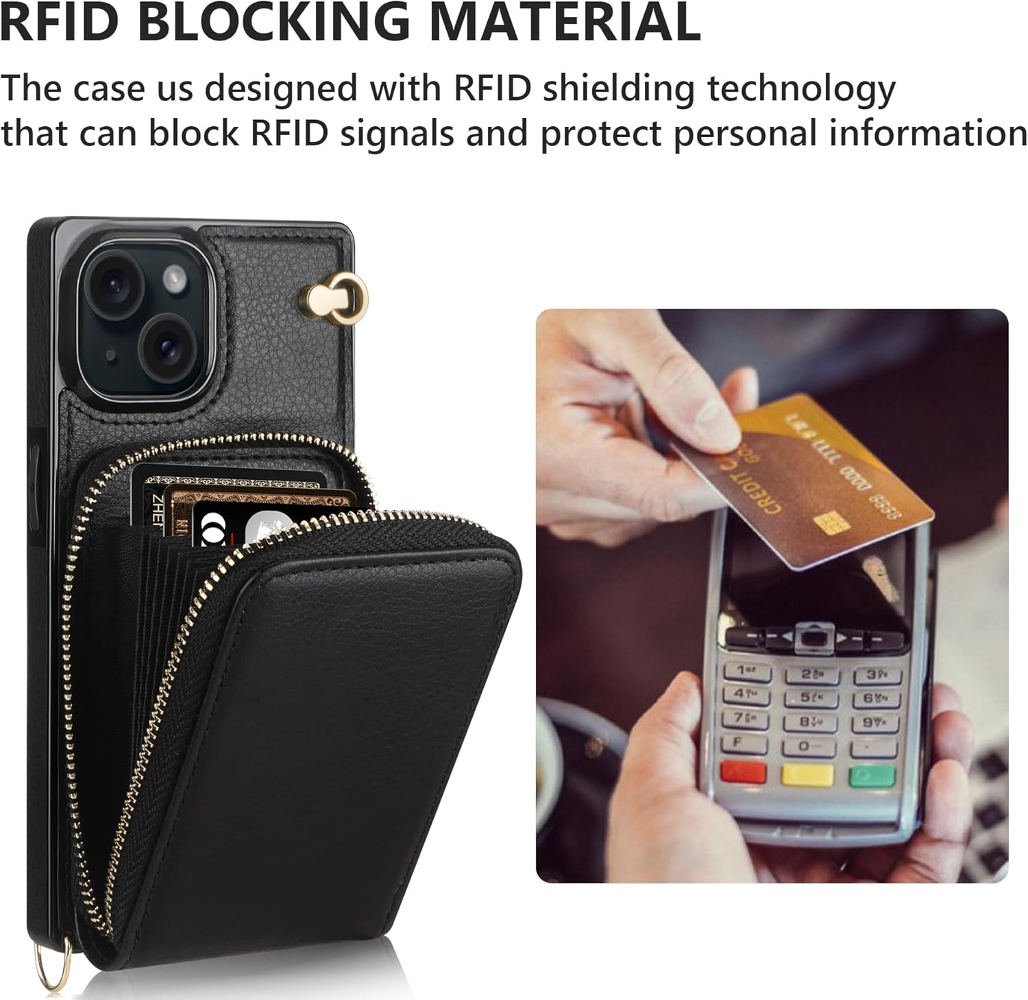 JAKPAK Funda compatible con iPhone 15, funda de piel con cremallera y tarjetero + protector de pantalla 3 unidades, funda protectora con cordón para