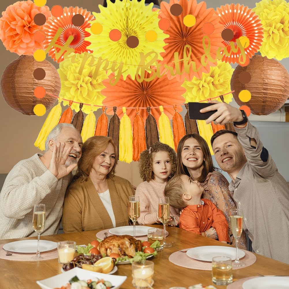 Decoraciones de fiesta de cumpleaños de otoño, abanicos de papel naranja y amarillo, pompones de papel, faroles de papel marrón, borla de papel,