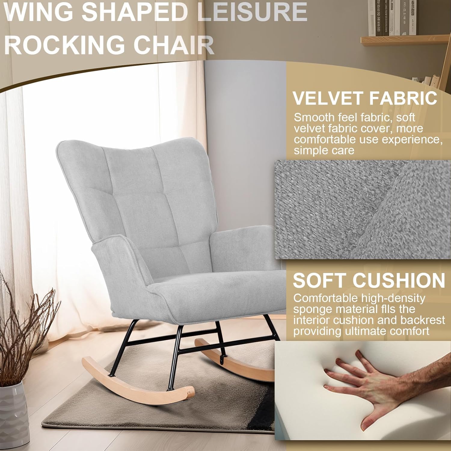 Polar Aurora Mecedora tapizada de tela para guardería, silla deslizadora con patas de metal de madera resistentes para sala de estar, dormitorio,