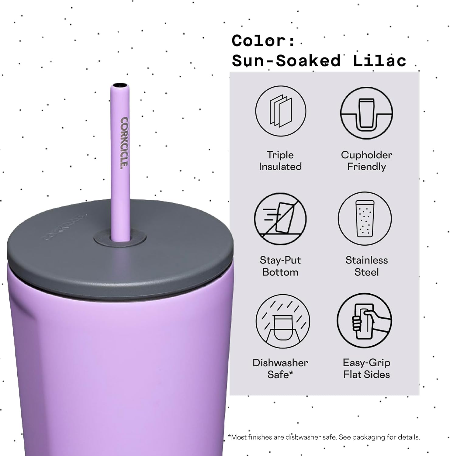 Corkcicle Vaso aislado con tapa y pajilla, lila empapada por el sol, de 24 onzas, botella de agua reutilizable mantiene las bebidas frías durante 12