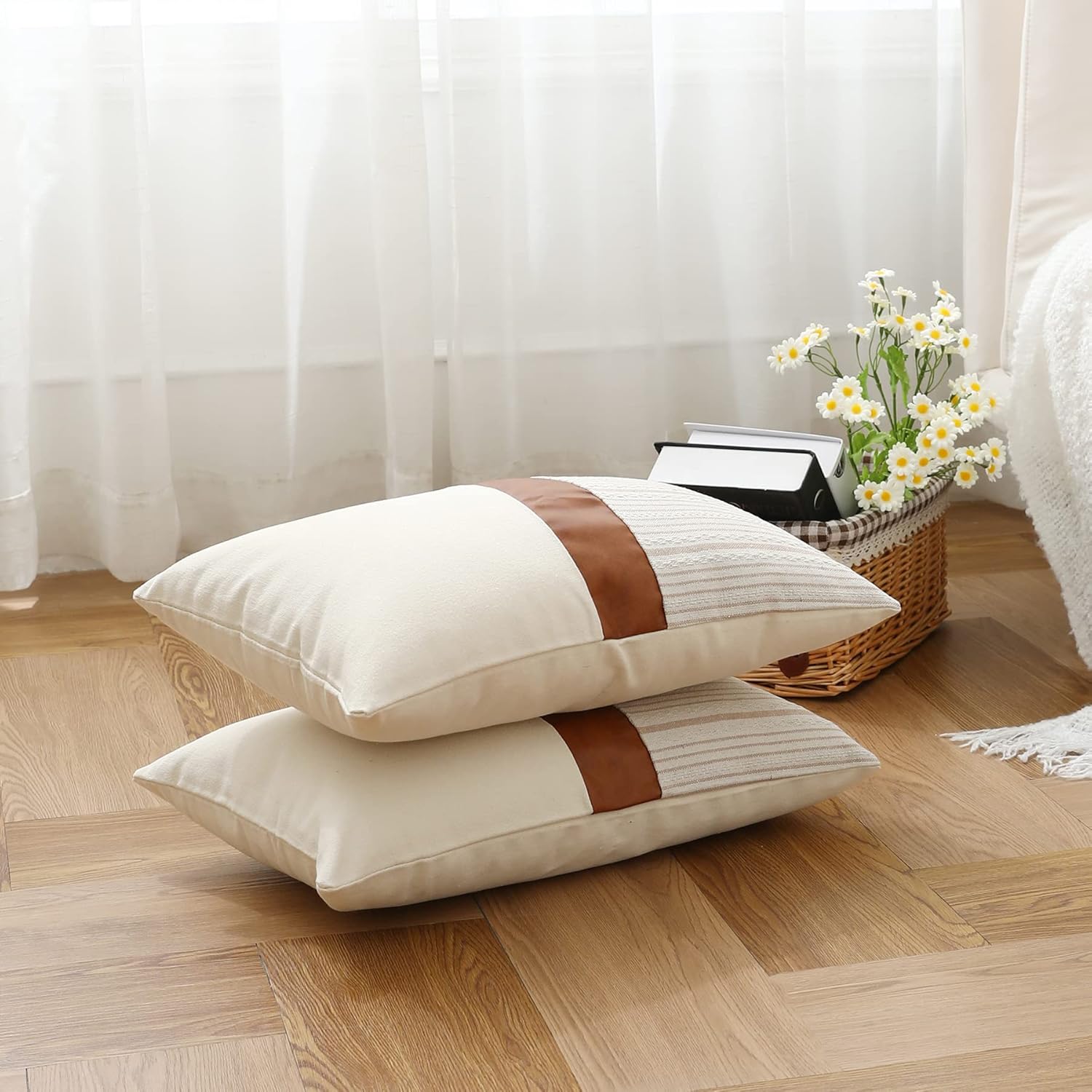 Fundas de almohada de 12 x 20 pulgadas, fundas de almohada de cuero sintético de algodón marrón claro, fundas de almohada decorativas para el hogar,