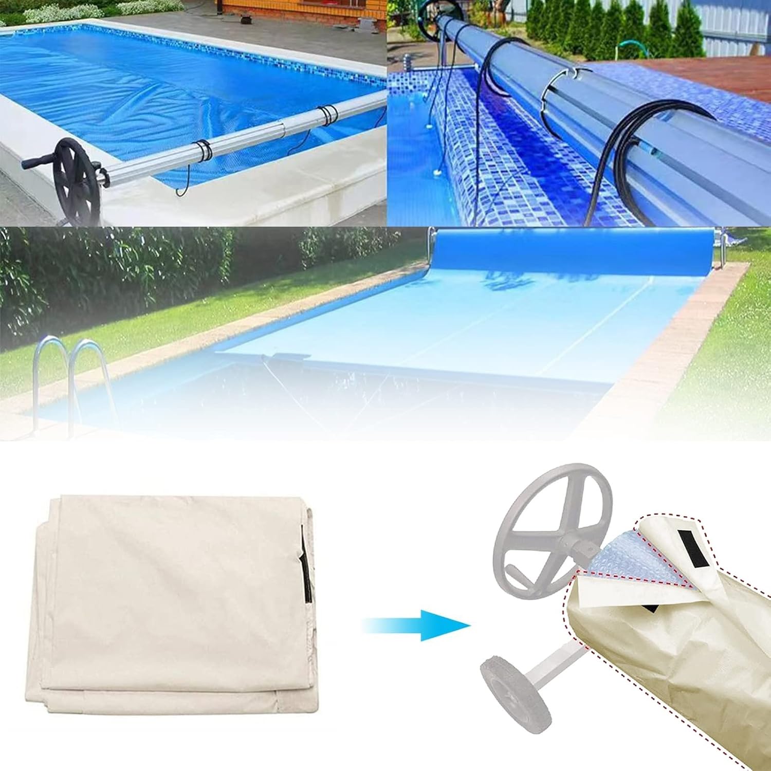Cubierta protectora de carrete solar para piscina, cubierta impermeable para carrete de piscina, cubierta de manta solar para piscinas de hasta 24