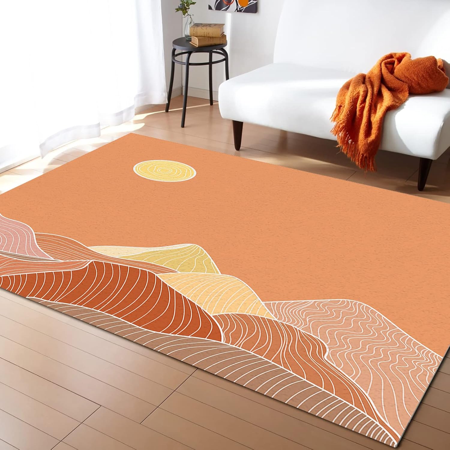 Alfombra de área interior, montañas abstractas, sol, paisaje, suave, no desprende pelusa, alfombra con respaldo de goma, alfombra lavable para sala