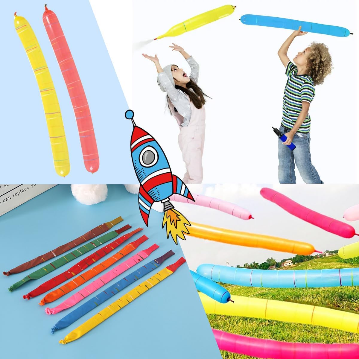 100 globos de cohete más 1 bomba fácil de usar  Globo volador, ruido de silbido, kit de globos largos multicolor  Kit de arco de globos, cumpleaños,