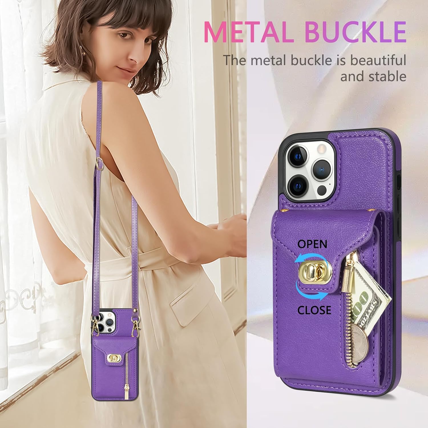 Funda de teléfono para iPhone 12 Pro Max 6.7 Funda tipo cartera con soporte para tarjeta de crédito, ranura con cremallera, correa cruzada, cordón
