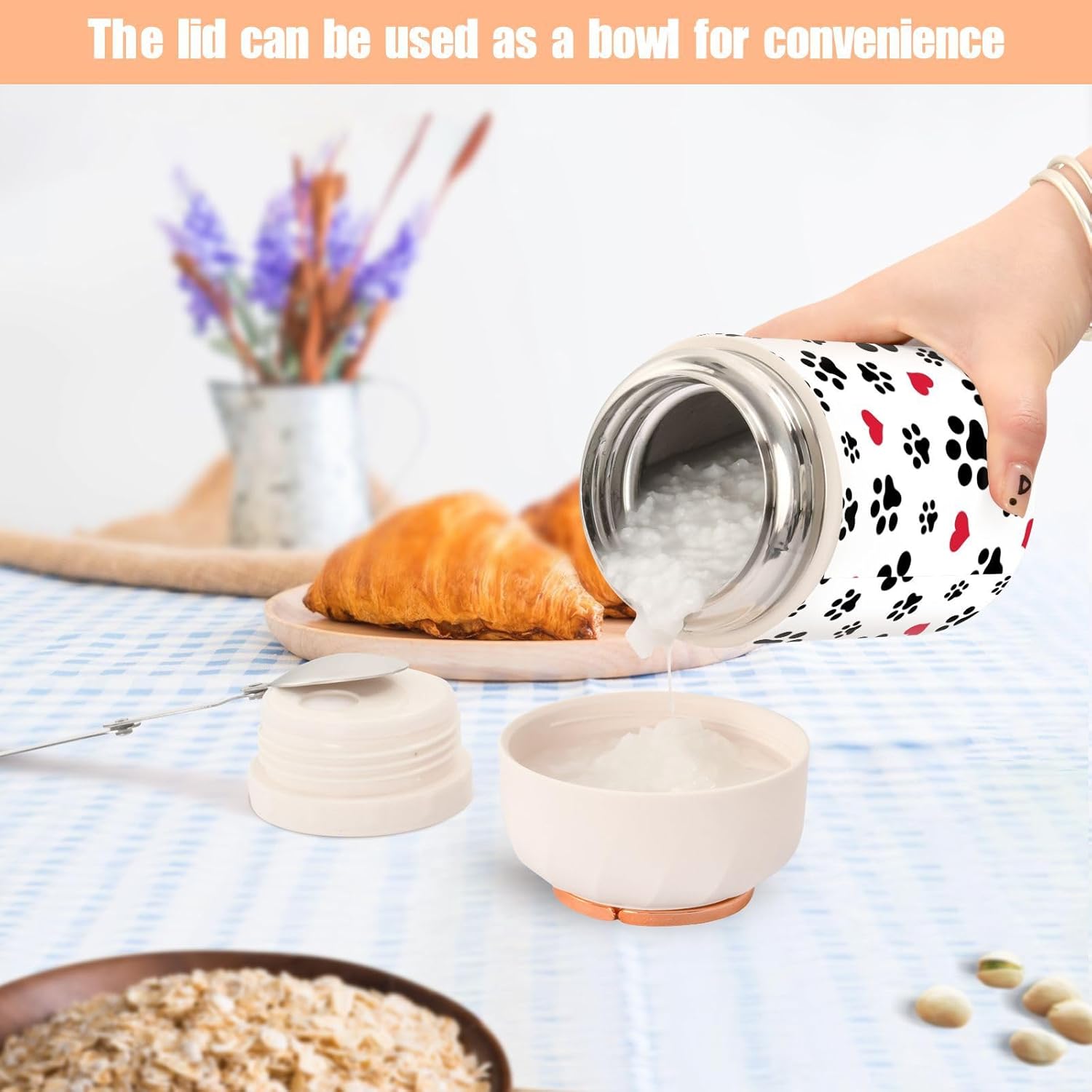 Tarro de comida aislado al vacío de 17 onzas, con diseño de pata de perro, pata de gato, termo de acero inoxidable para comida caliente y sopa con