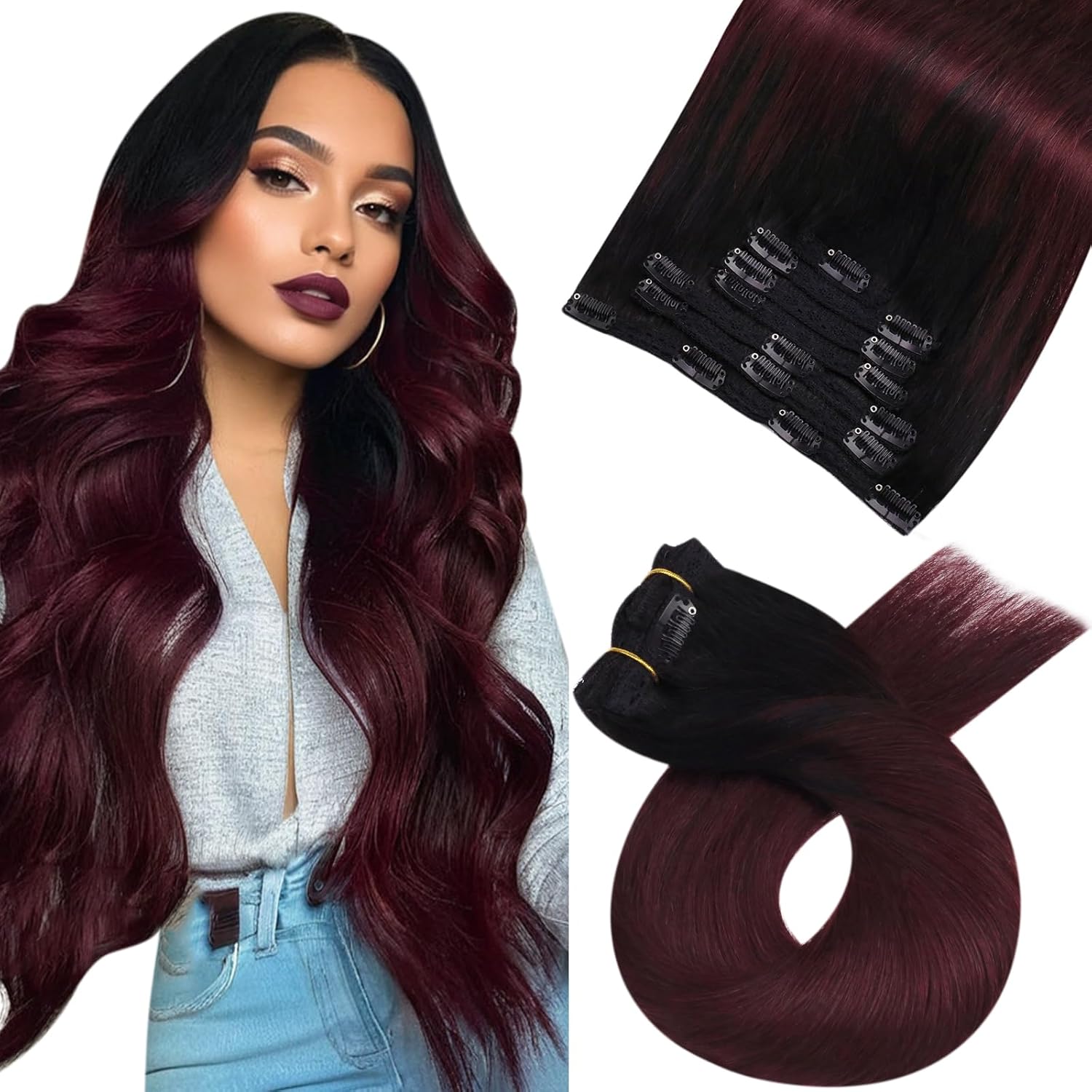 Moresoo Extensiones de cabello humano real con clip, balayage, color negro a vino tinto, extensiones de cabello humano con clip de doble trama, 7