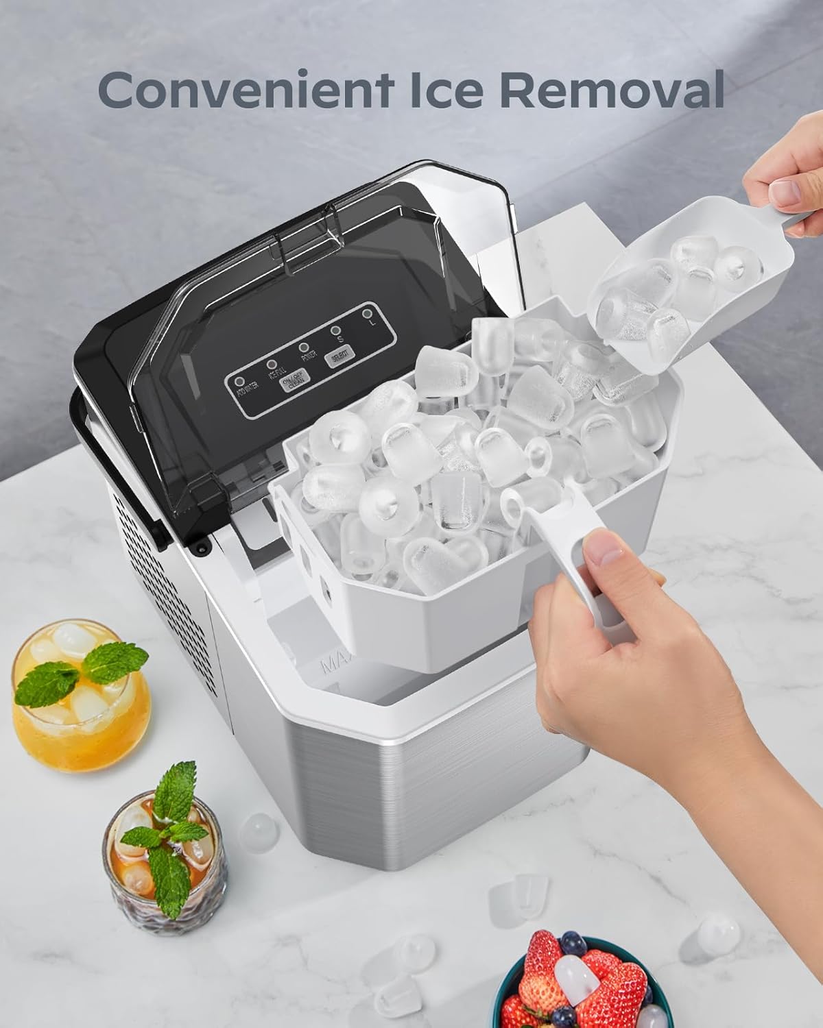 Silonn Máquina de hielo portátil de acero inoxidable con asa de transporte, máquinas de hielo autolimpiantes con cesta y cuchara, 9 cubos en 6