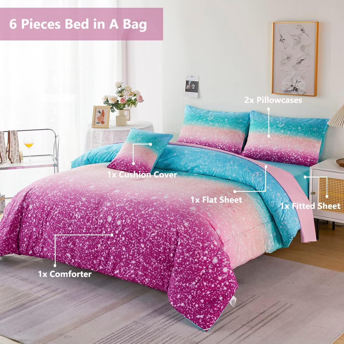 PERFEMET Juego de edredón Queen con sábanas, juego de ropa de cama de 6 piezas de teñido anudado arco iris para niñas, ropa de cama degradado con