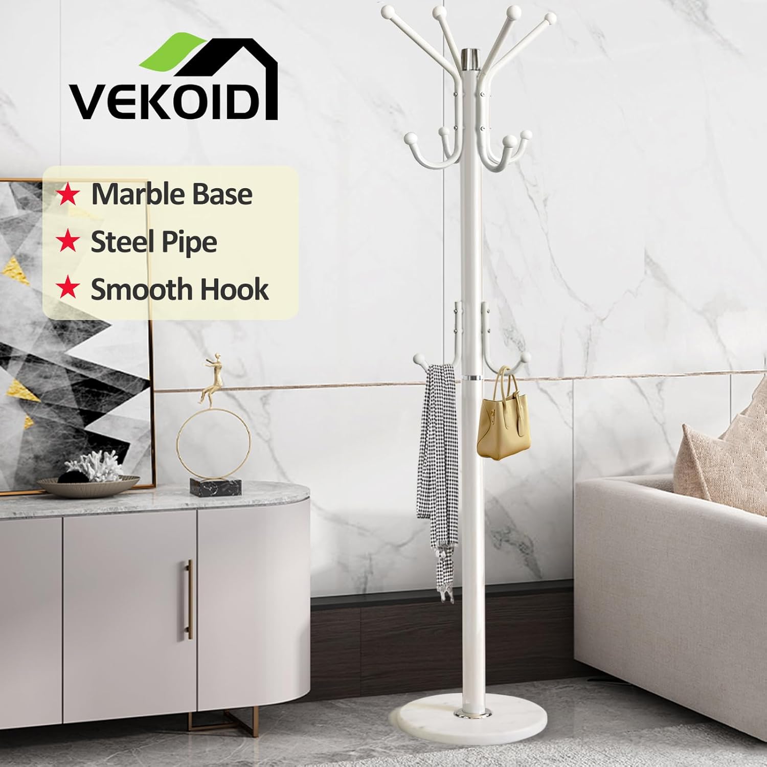 Perchero de metal moderno independiente con base de mármol natural, perchero de metal resistente con 11 ganchos, perchero de dormitorio, árbol de