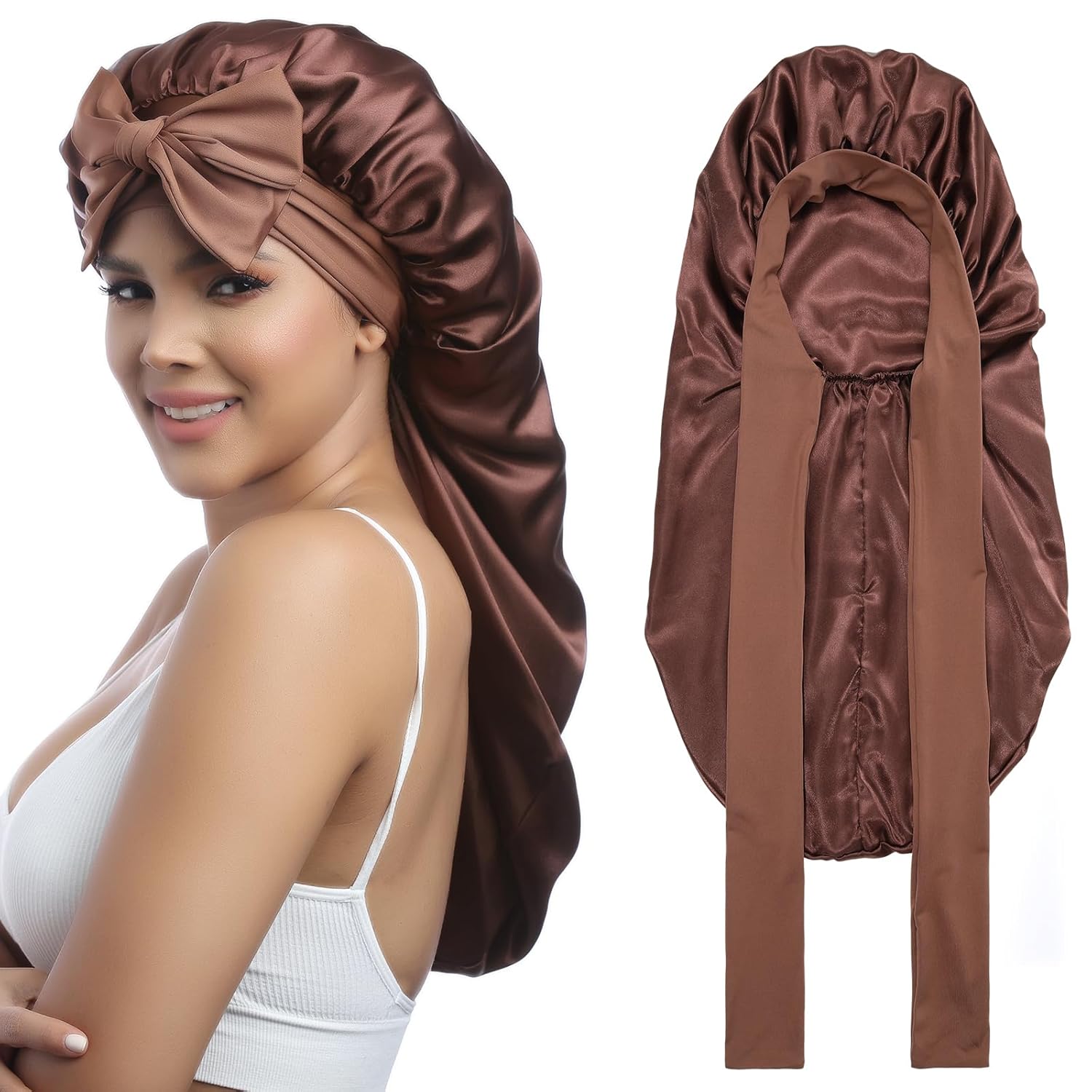 AWAYTR Gorro largo de satén para mujer, gorro de seda elástica de doble capa para trenzas, gorro de dormir con banda de amarre (marrón)