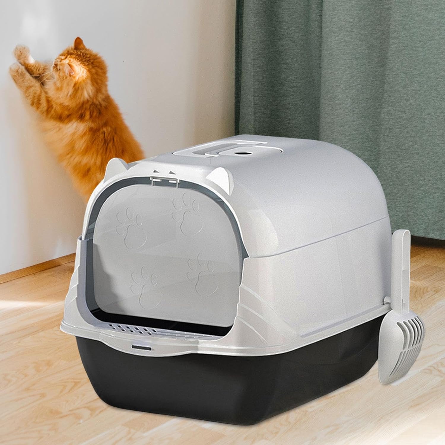 Caja de arena para gatos cerrada y cubierta con capucha para gatos, bandeja de arena duradera de dos vías para puerta móvil, caja de arena profunda