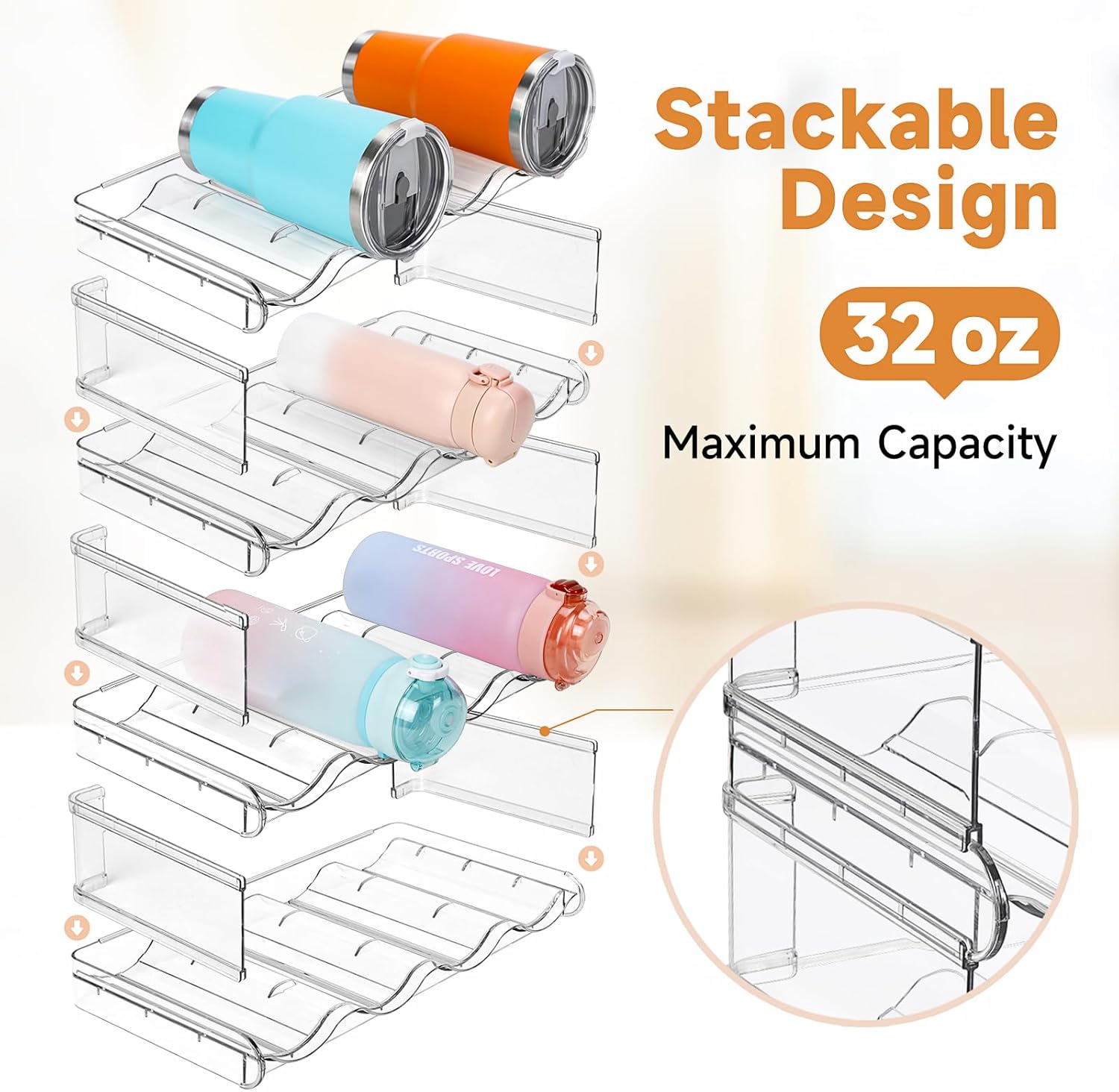 spospo Organizador apilable para botellas de agua, soporte para botellas de agua con compartimento grande, organizador de botellas de agua