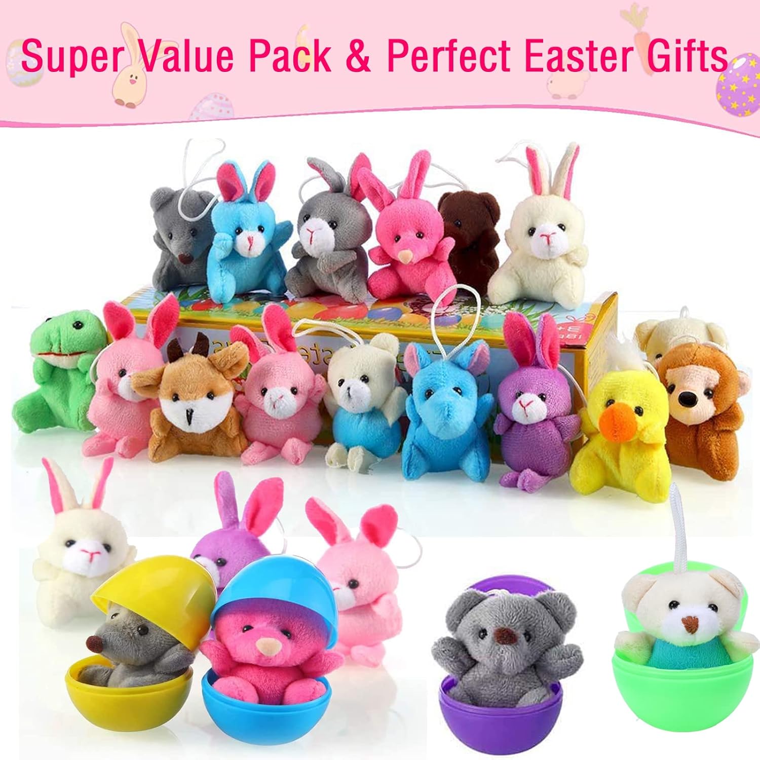 Paquete de 18 huevos de Pascua precargados con mini juguete de peluche, bonitos animales pequeños de peluche decoración para cestas de Pascua,