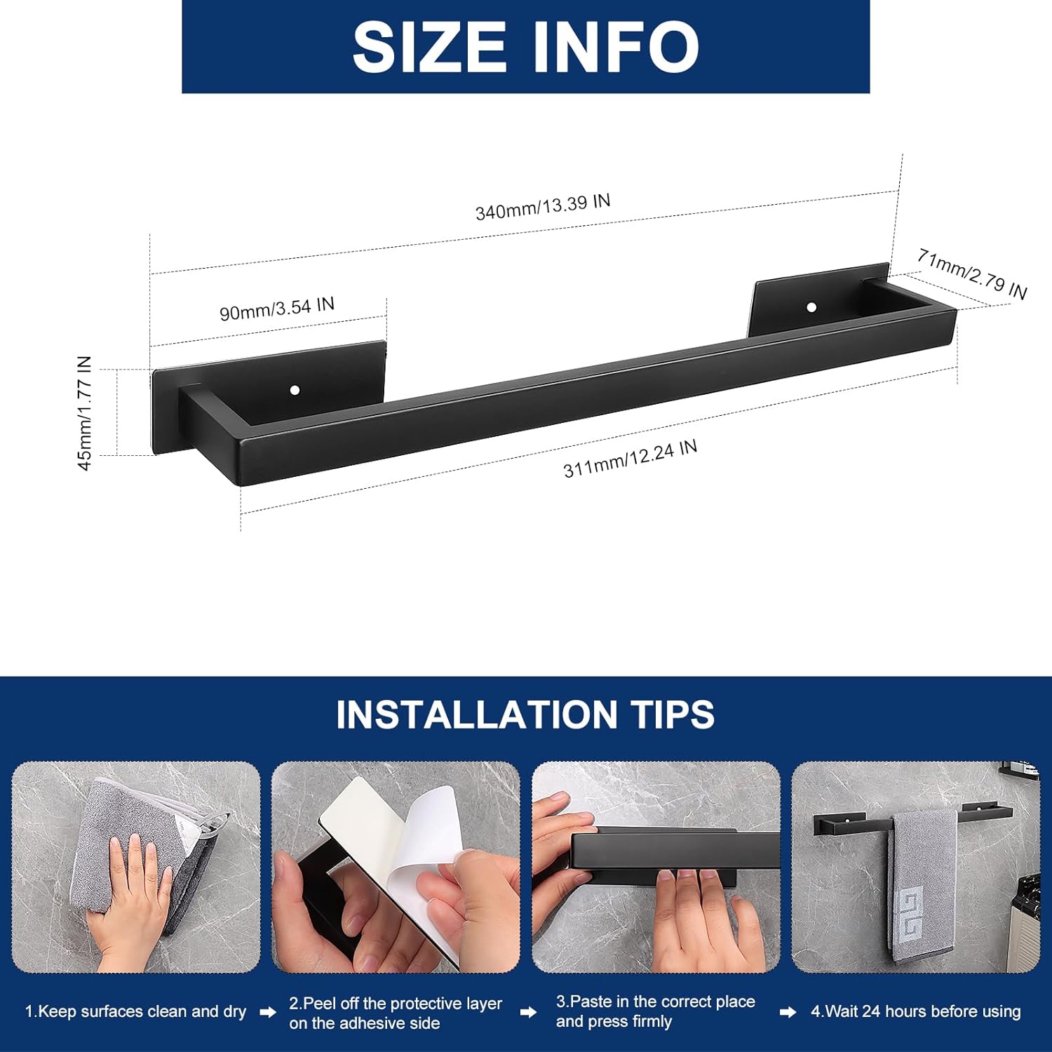 NearMoon Toallero de baño autoadhesivo cuadrado de acero inoxidable, estante de pared para colgar en el colgador adhesivo, estilo contemporáneo, sin