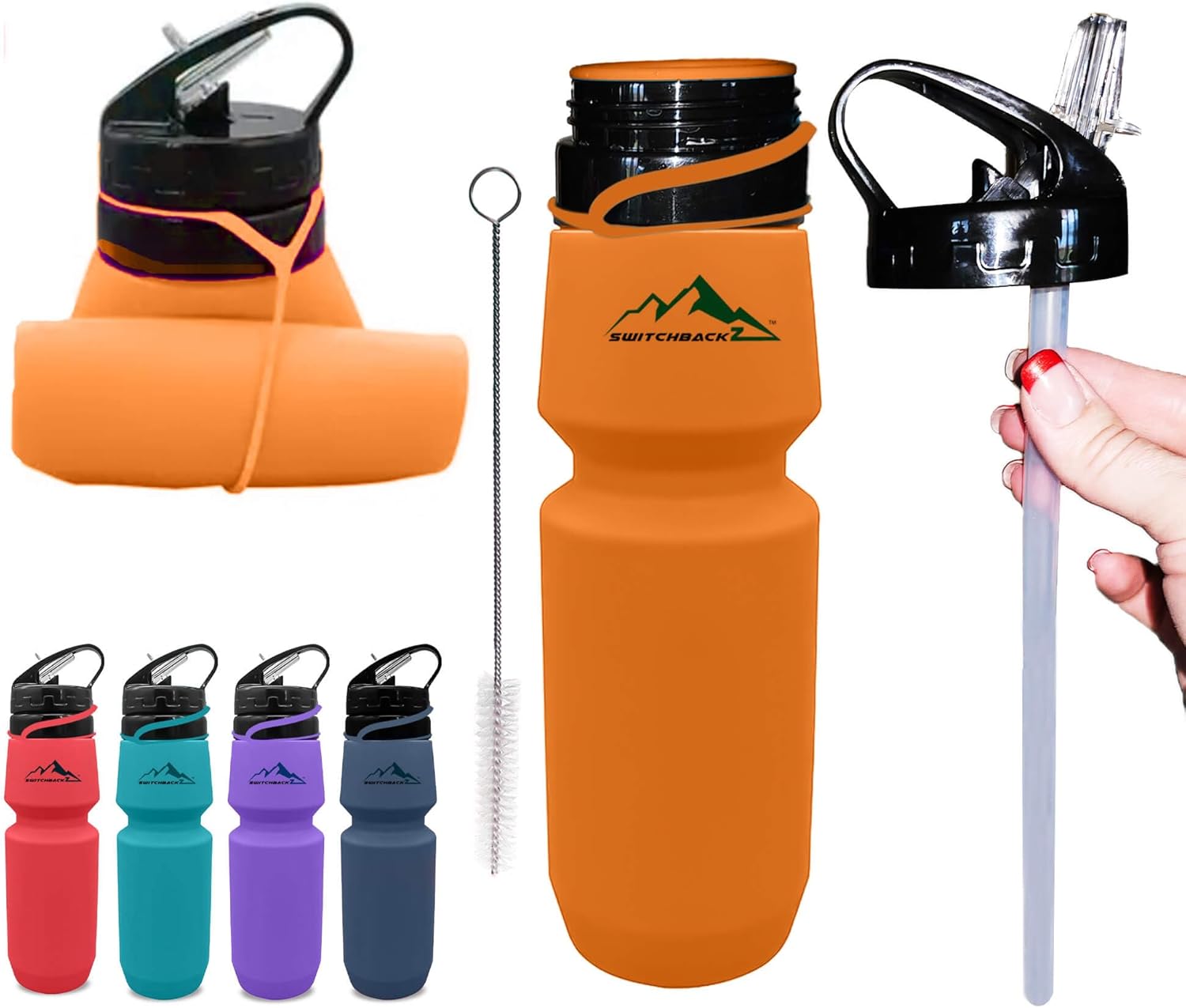 Botella de agua plegable (25 onzas), botella de agua plegable de silicona sin BPA que ahorra espacio, con popote extraíble, botellas de agua