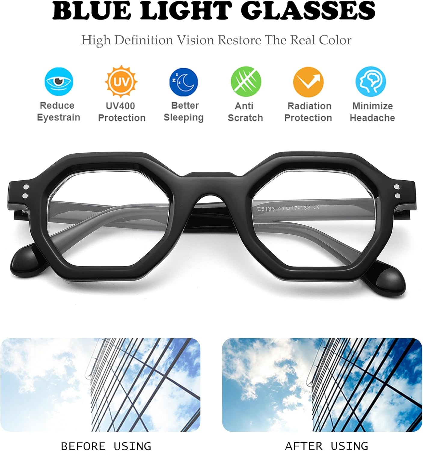 NULOOQ Gafas de luz azul para mujer  Lentes de computadora poligonales pequeños retro de moda para hombre, gafas sin receta