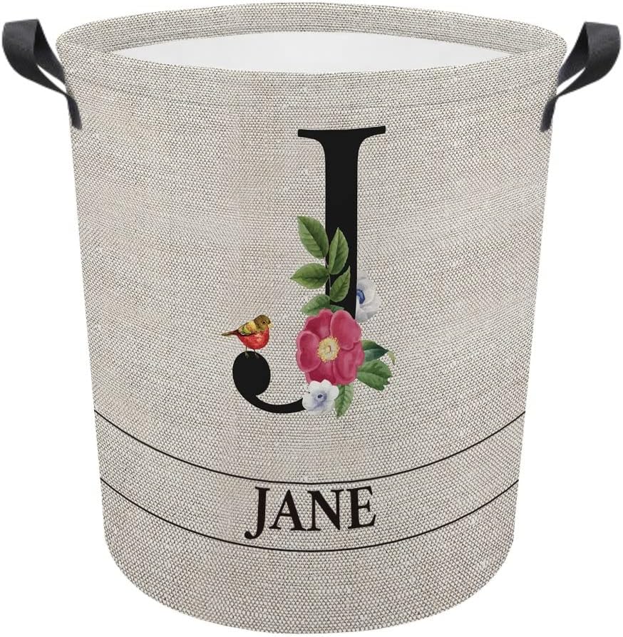 MALIHONG Cesta de lavandería con inicial floral personalizada, monograma con nombre personalizado de flores y pájaros, cesta de ropa plegable de