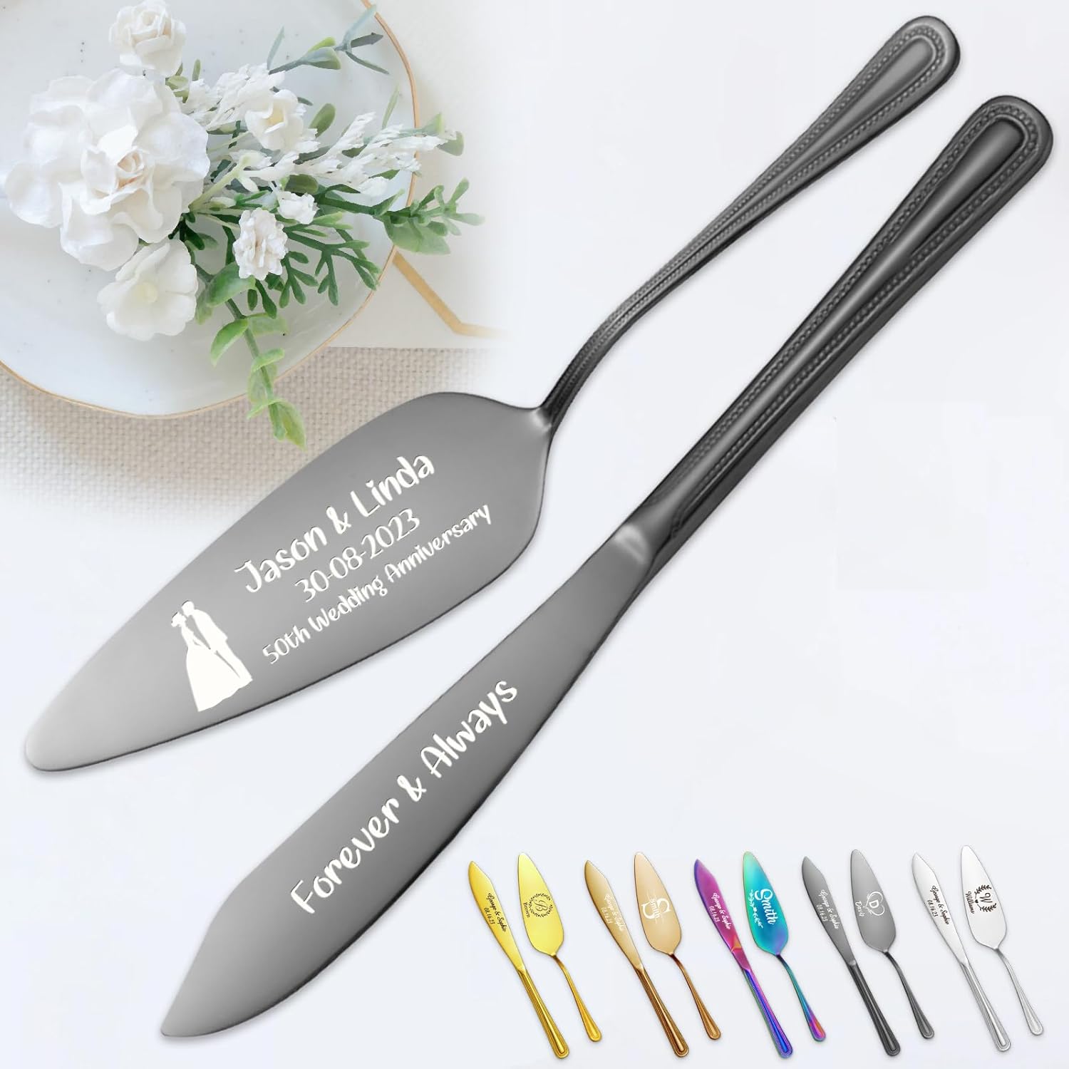Juego personalizado de corte de pasteles para boda, servidor de pastel de boda grabado gratis, cuchillo de pastel de acero inoxidable y juego de