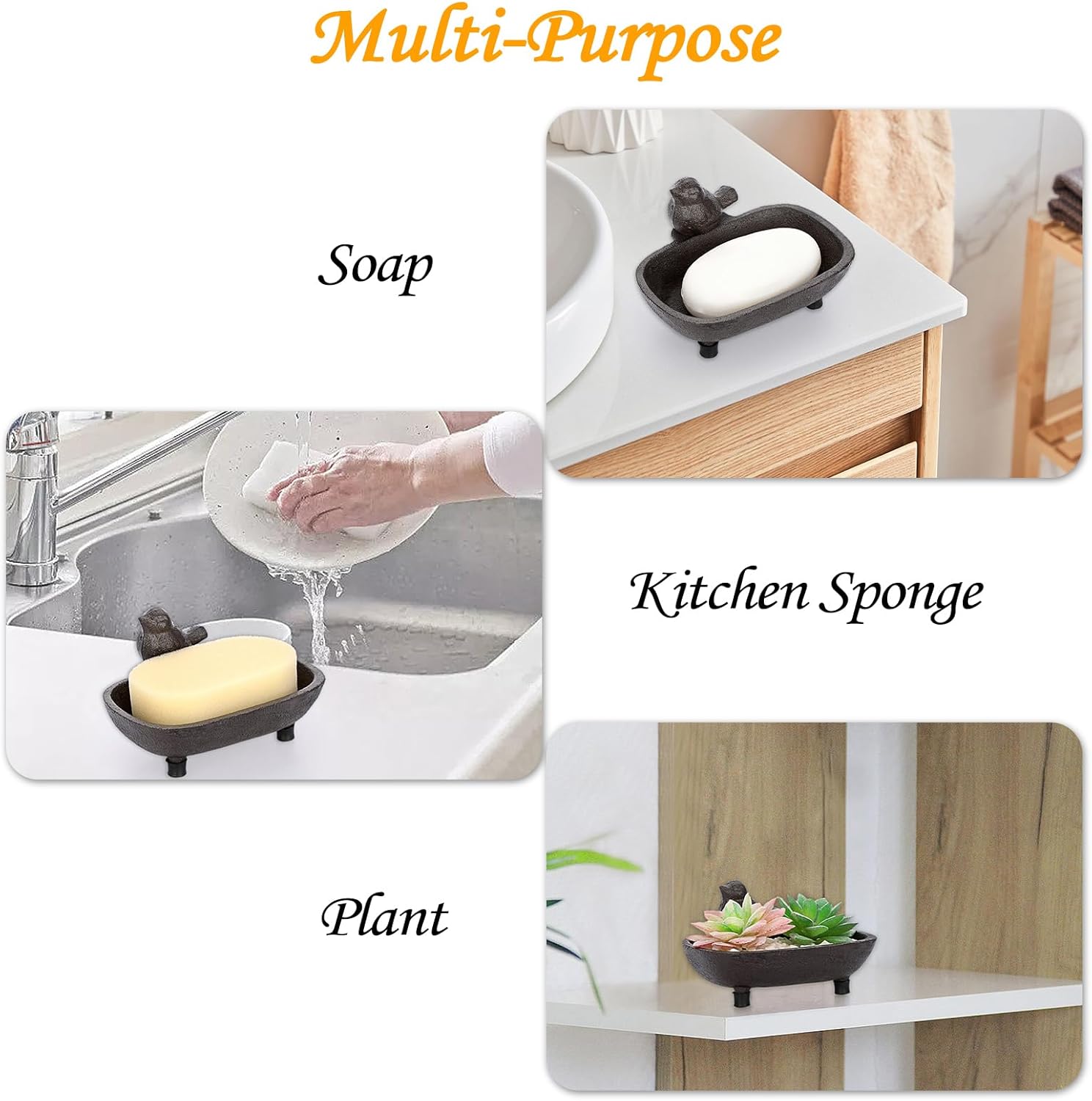 Sumnacon Jabonera de hierro fundido, jabonera drenable, bandeja decorativa de esponja de jabón marrón, barra de hierro rústica, jabonera para baño,