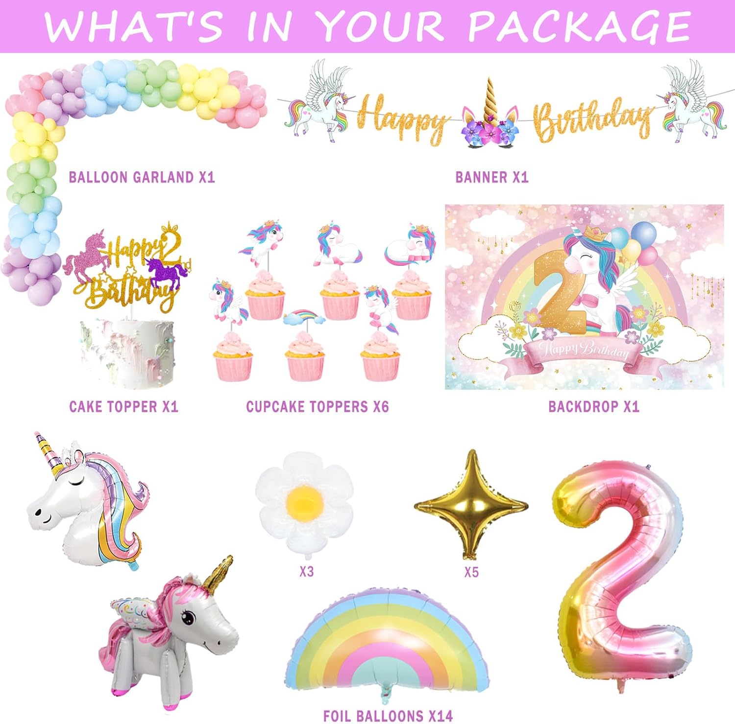 128 decoraciones de unicornio para el segundo cumpleaños para niñas, decoraciones de fiesta de cumpleaños de unicornio de Fiesec de dos años,