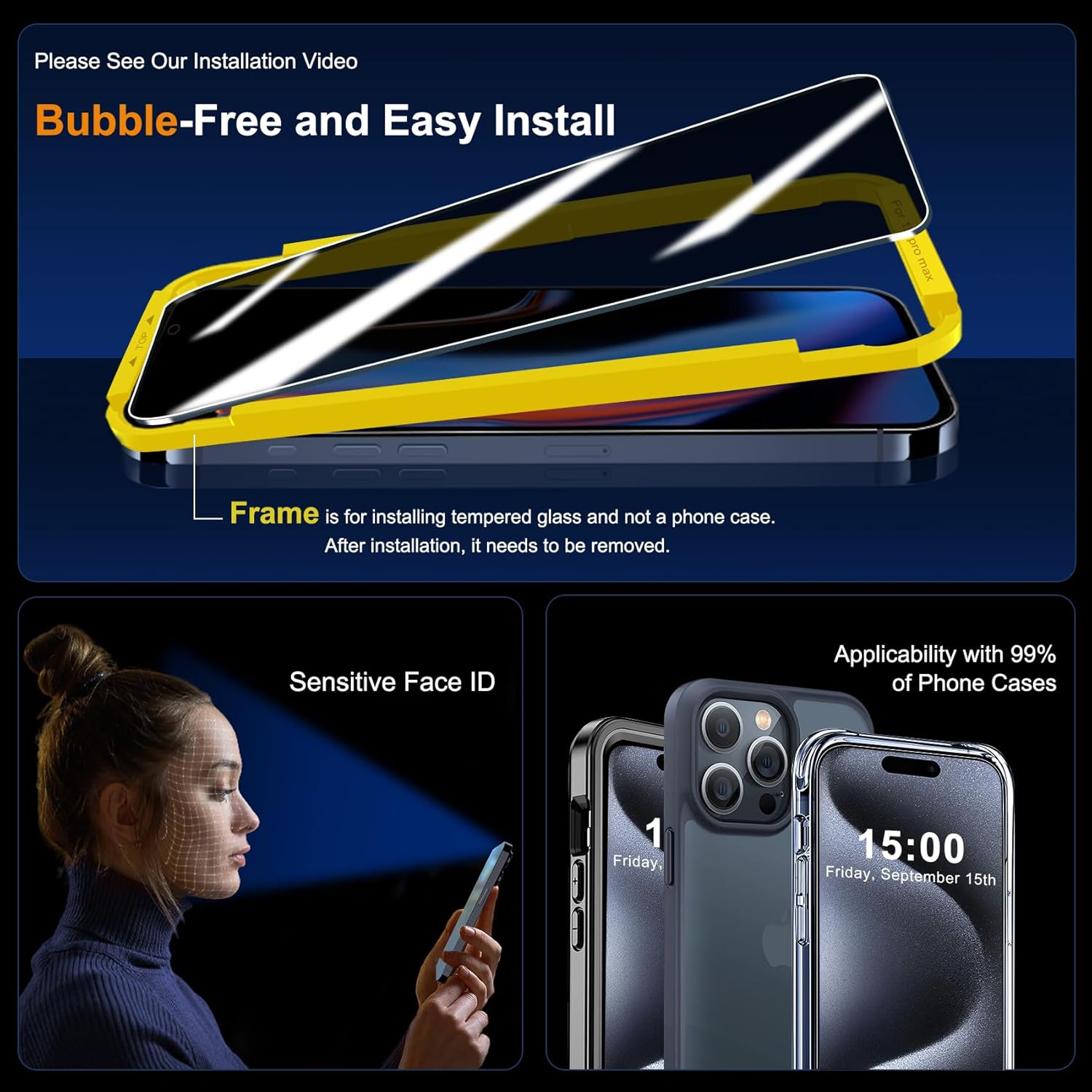 QHOHQ Paquete de 3 protectores de pantalla de privacidad para iPhone 15 Pro Max 6.7 pulgadas con 3 protectores de lente de cámara, película de