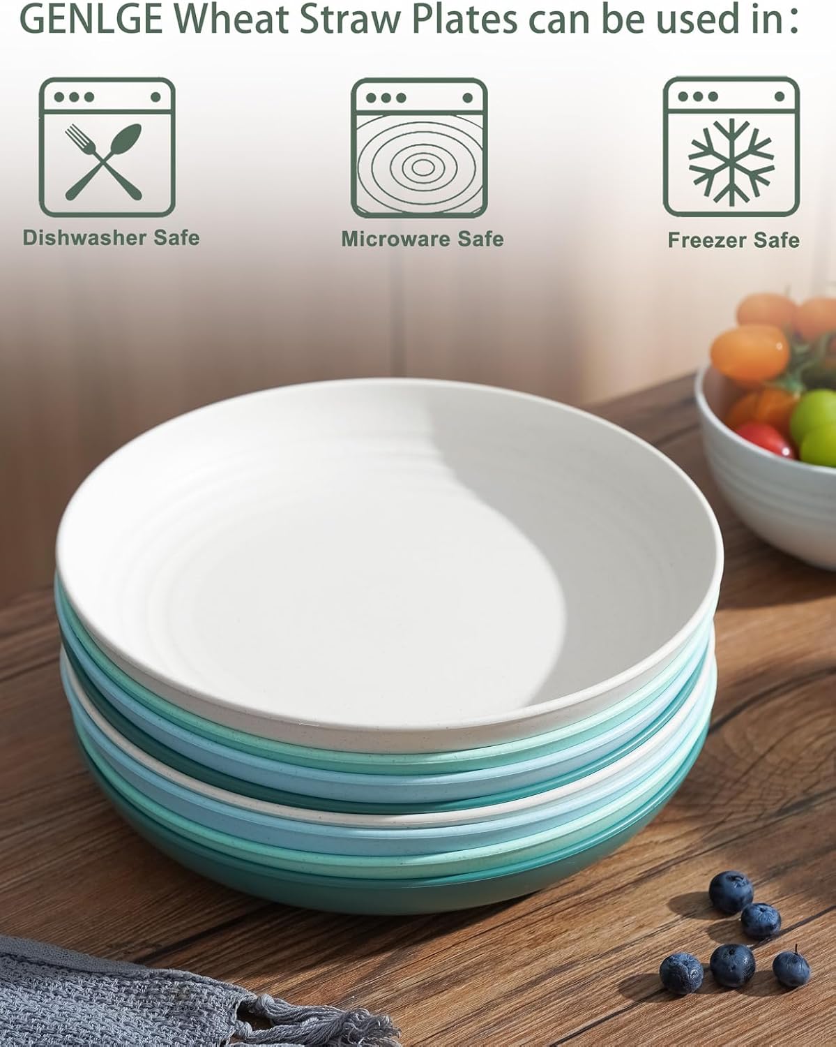 GENLGE Juego de 8 platos de paja de trigo de 10 pulgadas, platos de cocina aptos para microondas, platos reutilizables irrompibles para exteriores,
