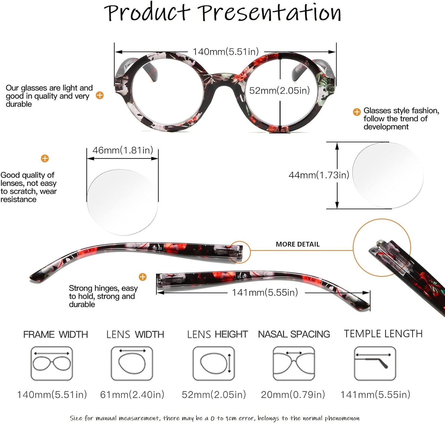 100 CLASSIC Paquete de 4 lentes de lectura redondos de gran tamaño con filtro de luz azulantirreflejos para mujeres, bisagras de resorte, lectores