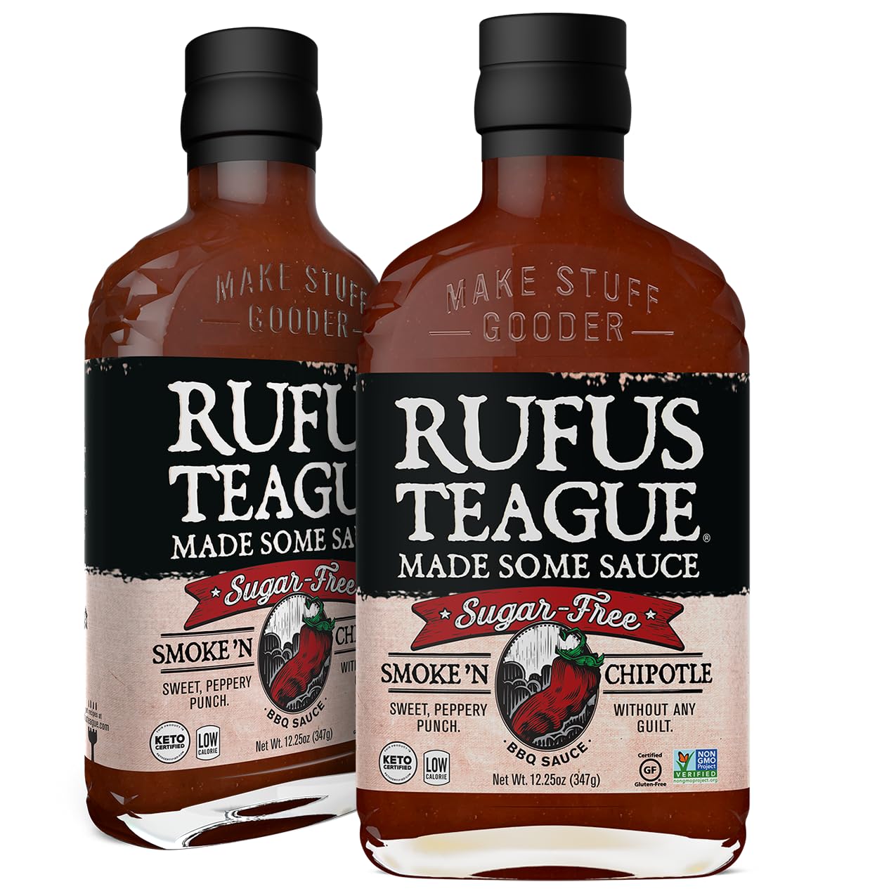 Rufus Teague – Salsa BBQ sin azúcar Smoke ‘N Chipotle – Salsa barbacoa premium – Botellas de 12.25 onzas – Paquete de 2