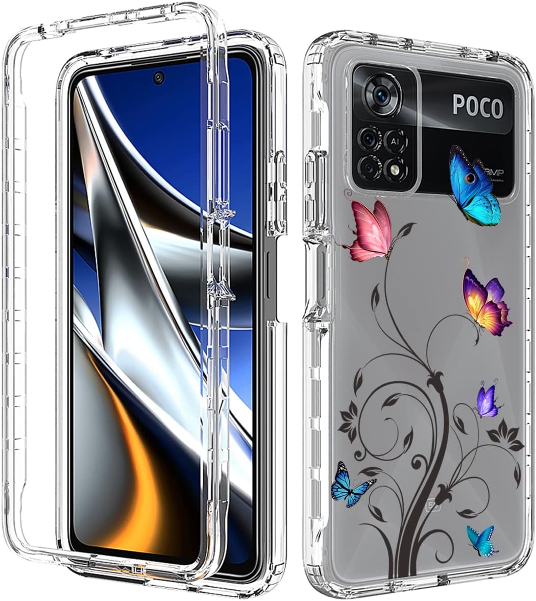 Vavies Funda para Poco X4 Pro 5G, 2201116PG Funda con protector de pantalla de vidrio templado, cuerpo completo transparente con diseño floral,