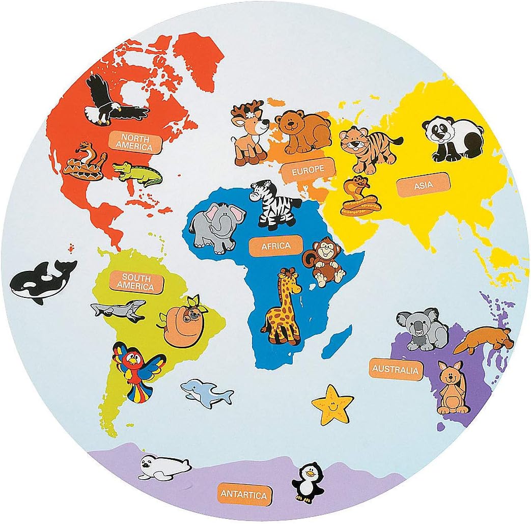 Fun Express Continentes y animales hacen una pegatina – 12 piezas – Actividades educativas y de aprendizaje para niños