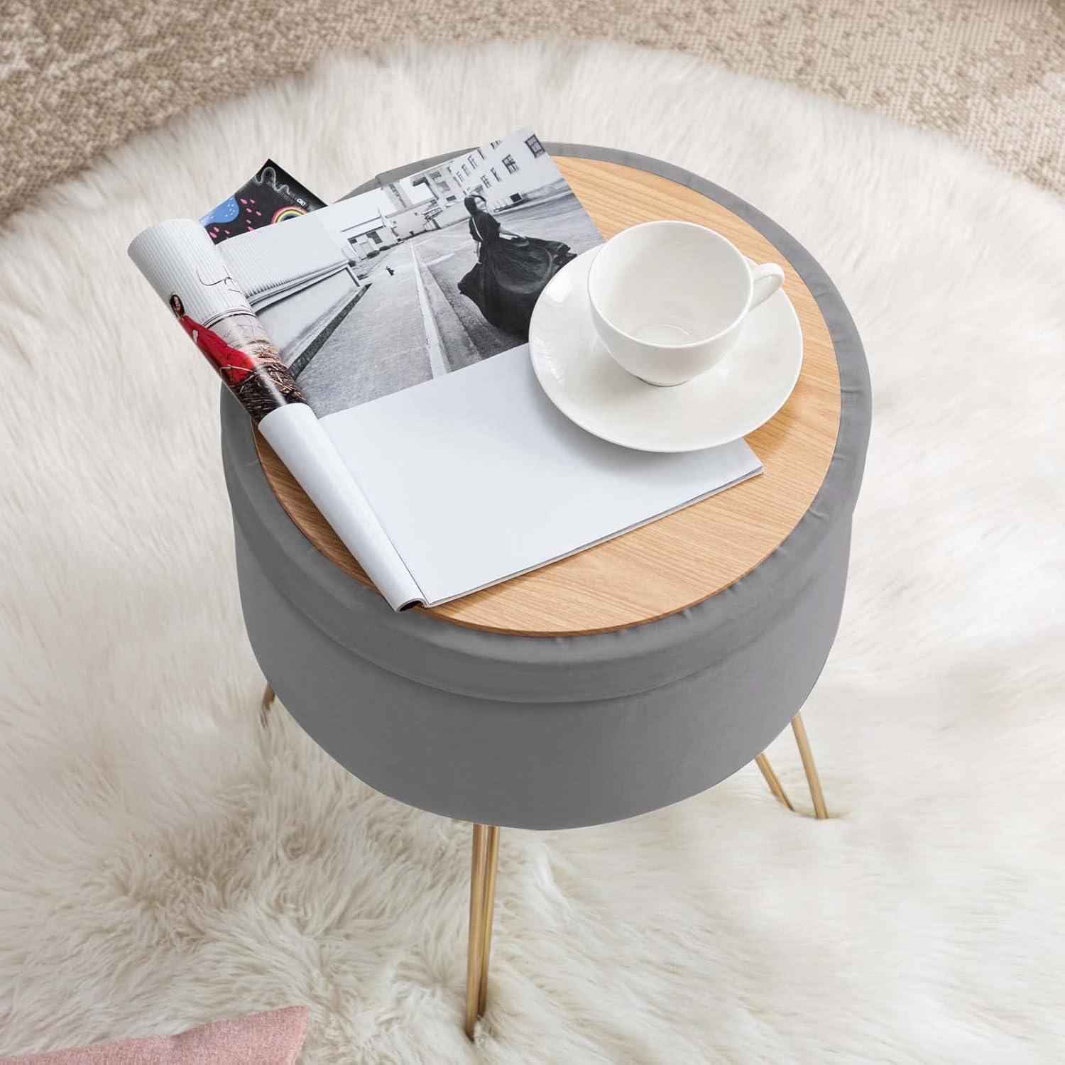 Duhome – Otomana de almacenamiento de terciopelo, silla de tocador con patas de metal, reposapiés redondo, bandeja superior para dormitorio, sala de