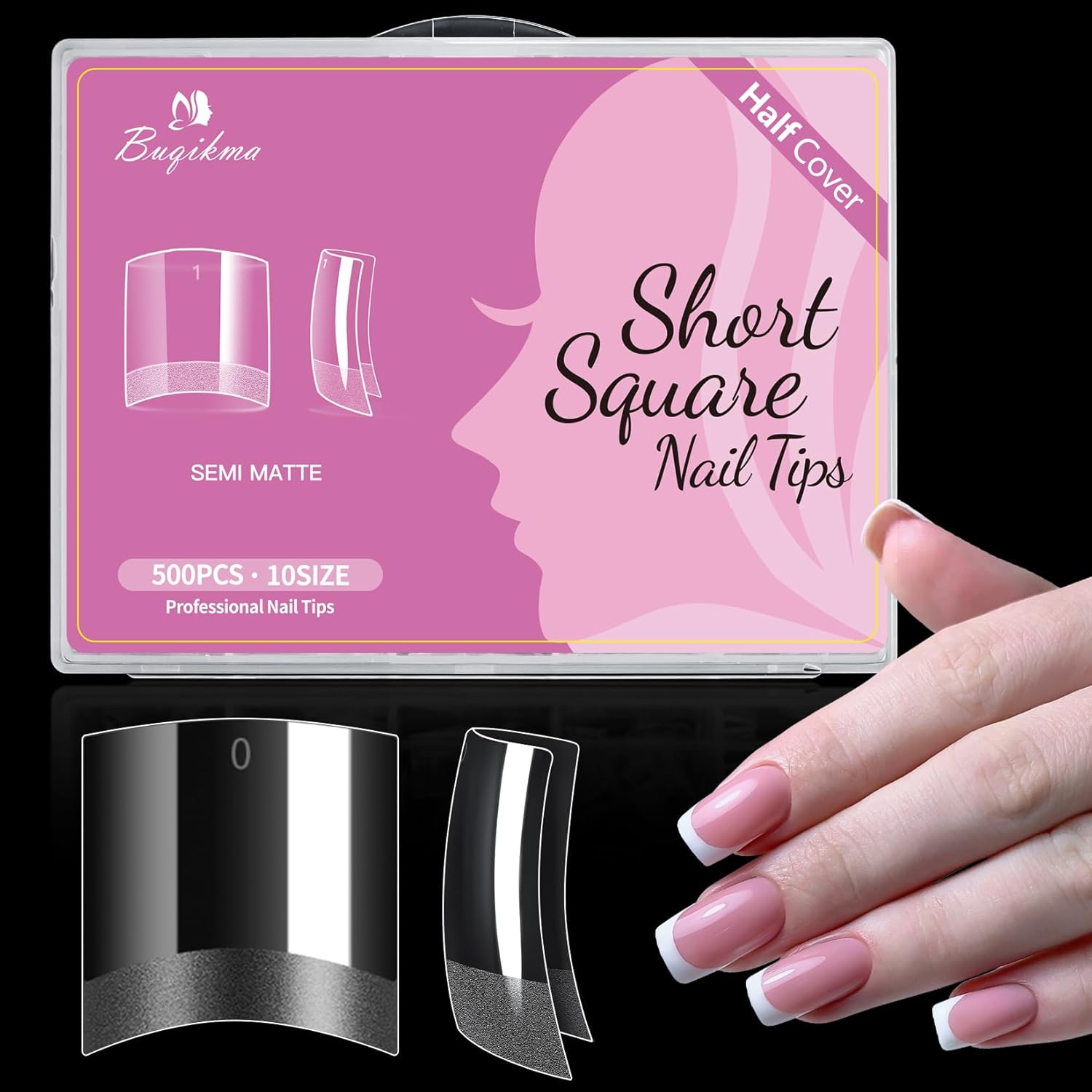 Buqikma 500 puntas de uñas cortas de gel francés de media cubierta para uñas acrílicas, puntas de uñas acrílicas medio mate, puntas de uñas
