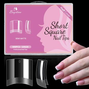 Buqikma 500 puntas de uñas cortas de gel francés de media cubierta para uñas acrílicas, puntas de uñas acrílicas medio mate, puntas de uñas Buqikma 500 puntas de uñas cortas de gel francés de media cubierta para uñas acrílicas, puntas de uñas acrílicas medio mate, puntas de uñas