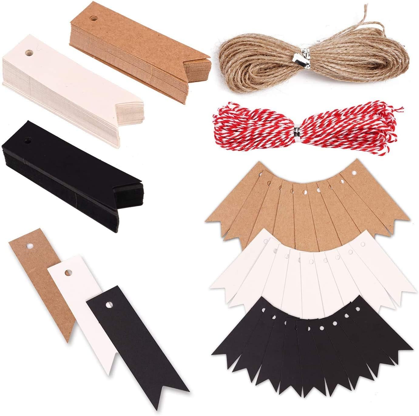DIYASY Etiquetas de regalo de papel kraft con cuerda, 150 etiquetas de papel marrón, blanco y negro, etiquetas colgantes de 2.8 x 0.8 pulgadas,