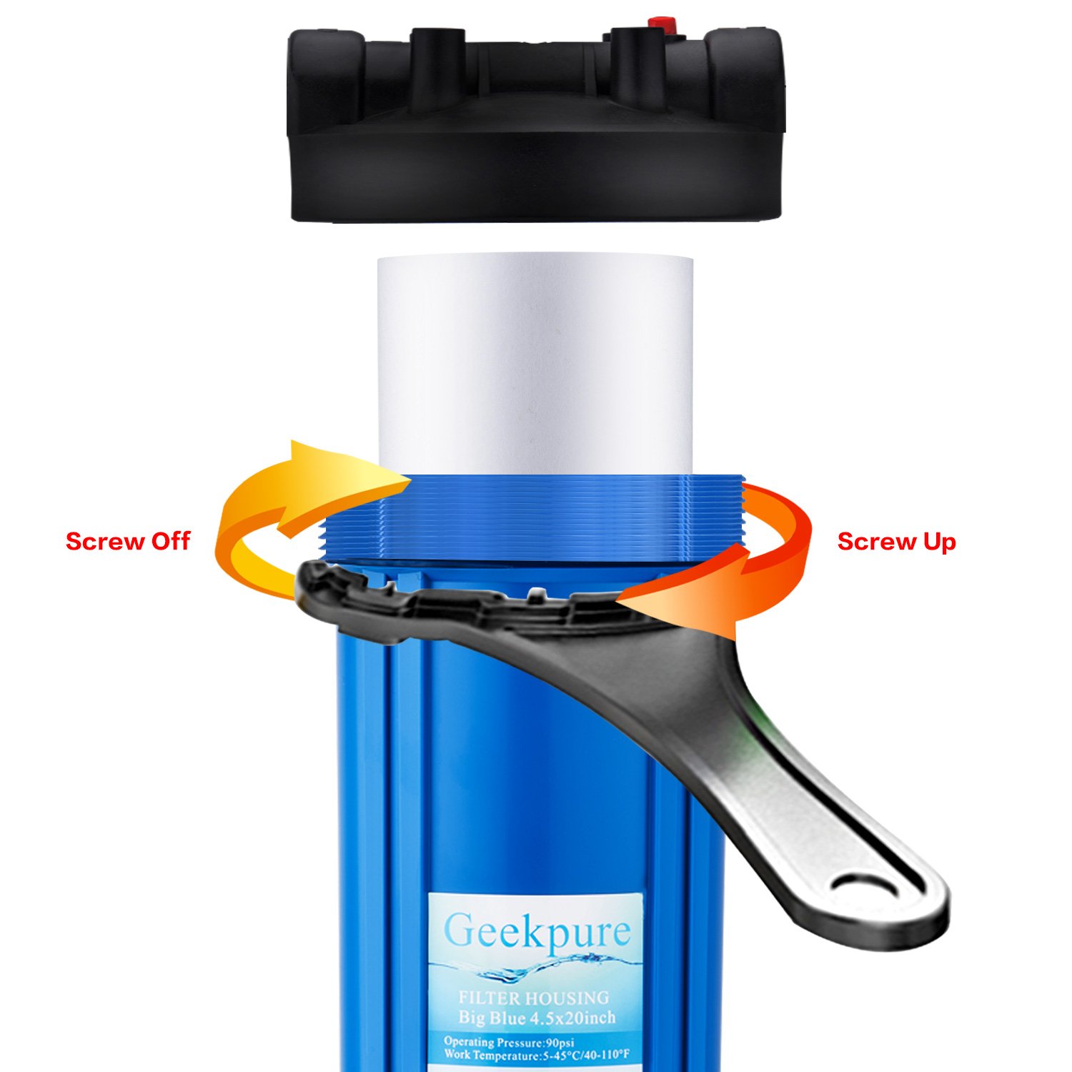 Geekpure Carcasa de filtro de agua para toda la casa de 10 pulgadas con llave y soporte, puerto de 4.5 x 10 pulgadas, 34 pulgadas