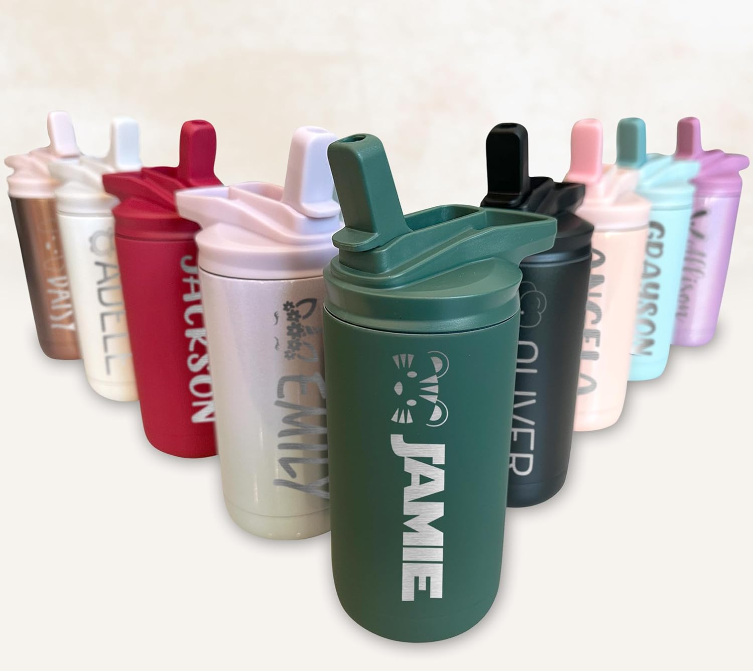 Botella de agua personalizada para niños y niñas, vaso personalizado de acero inoxidable de doble pared de 12 onzas con tapa de popote