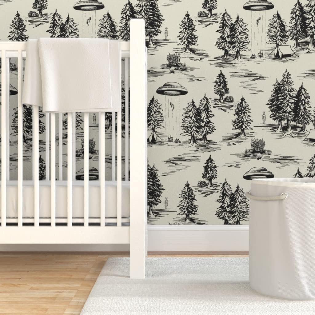 Spoonflower Papel tapiz autoadhesivo de 9 x 2 pies – UFO grande negro Toile De Jouy Alien Abduction Space Camping Papel pintado extraíble
