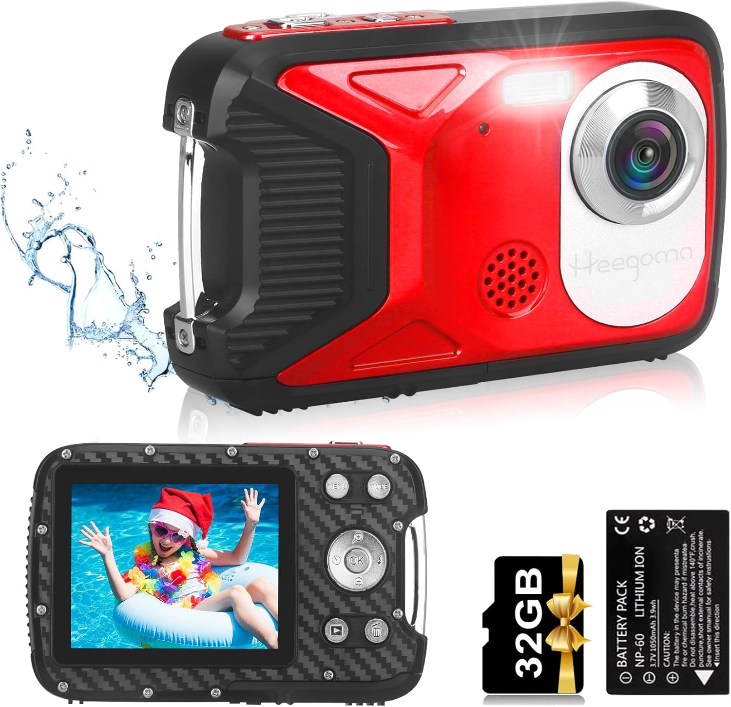Cámara digital impermeable, cámara subacuática de 17 pies, LCD de 2.8 pulgadas, HD1080P 30MP videocámara para niños con tarjeta de 32G y batería