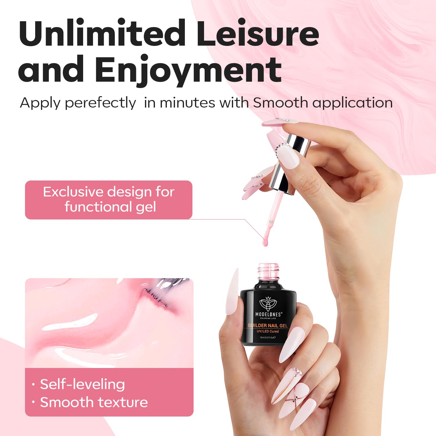 modelones Builder – Gel de uñas 8 en uno, constructor de gel rosa para engrosar las uñas, lámpara LED de uñas curada, base de esmalte de uñas, gel