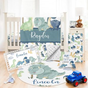 Juego de ropa de cama personalizado para cuna juegos de cuna de bebé con temática de dinosaurios de 5 piezas para niño con nombre personalizado, Juego de ropa de cama personalizado para cuna juegos de cuna de bebé con temática de dinosaurios de 5 piezas para niño con nombre personalizado,