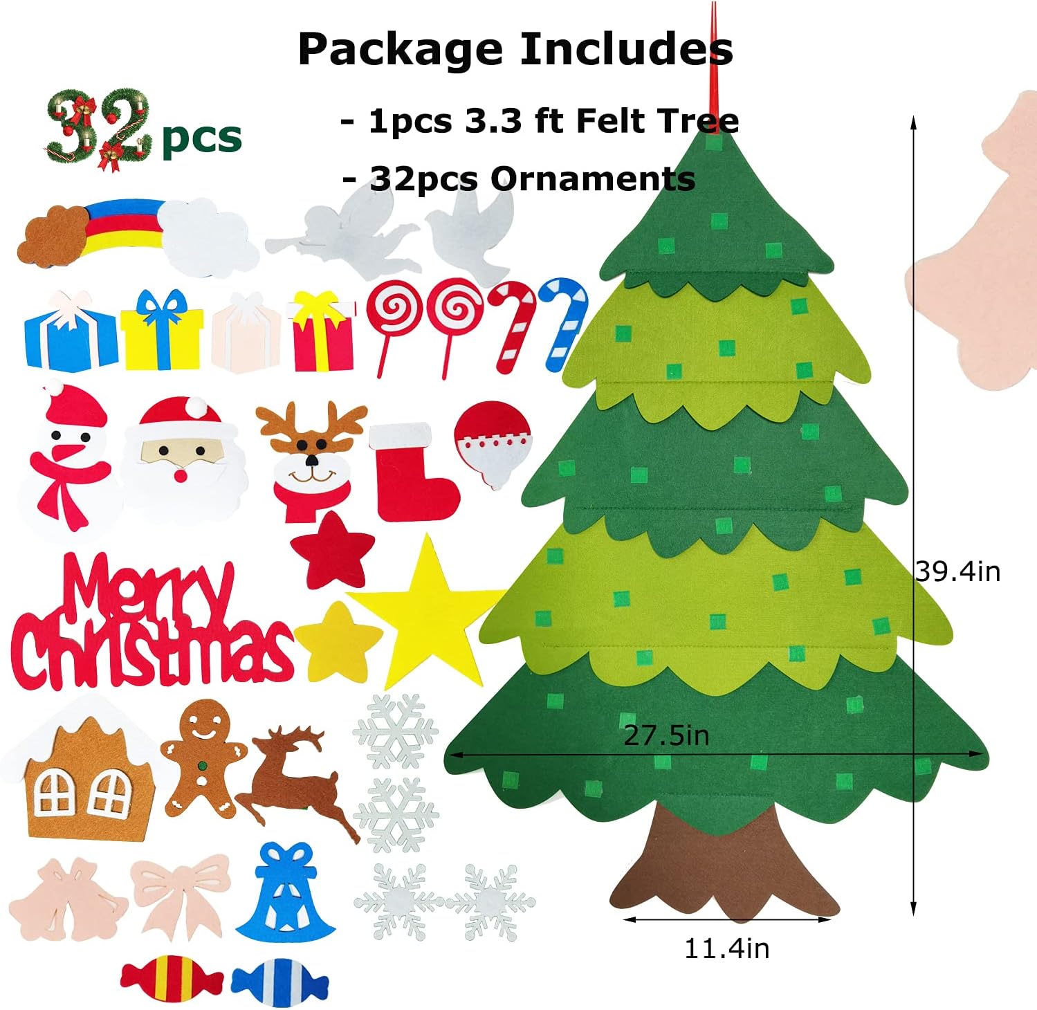 Árbol de Navidad de fieltro para pared de niños, 32 adornos de Navidad desmontables, decoración para colgar en la pared, manualidades de Navidad
