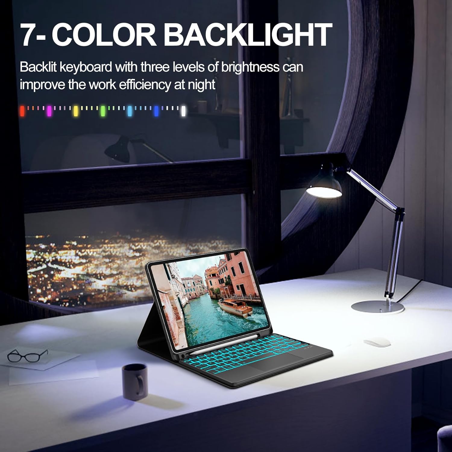 JADEMALL Funda para iPad Air de 11 pulgadas (M2) 2024 con teclado, panel táctil inteligente retroiluminado de 7 colores, funda de teclado Bluetooth