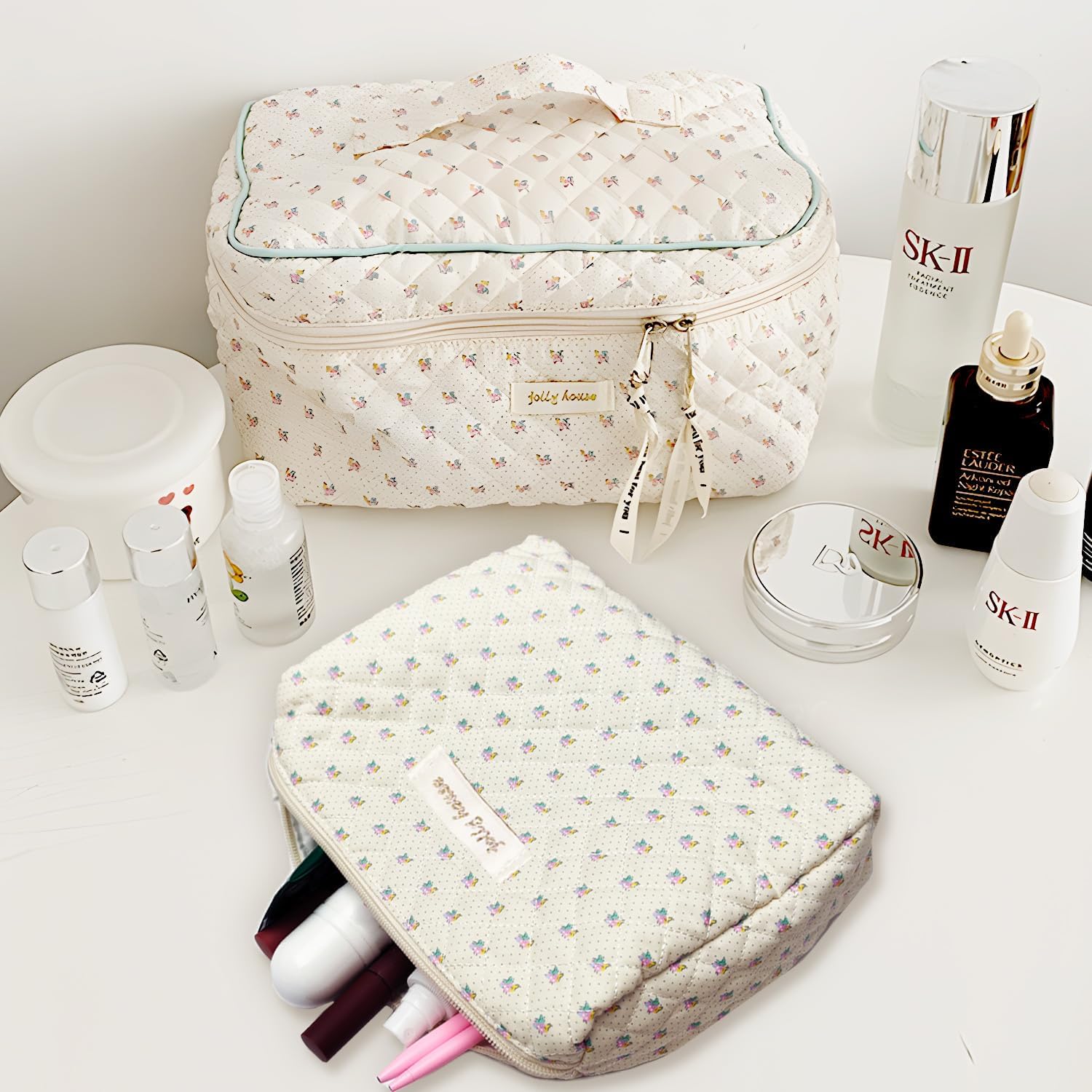 GEMLORD Bolsa de maquillaje de 3 piezas con parches de preparación para niños, pequeña bolsa de cosméticos con letras de chenilla, piel sintética,